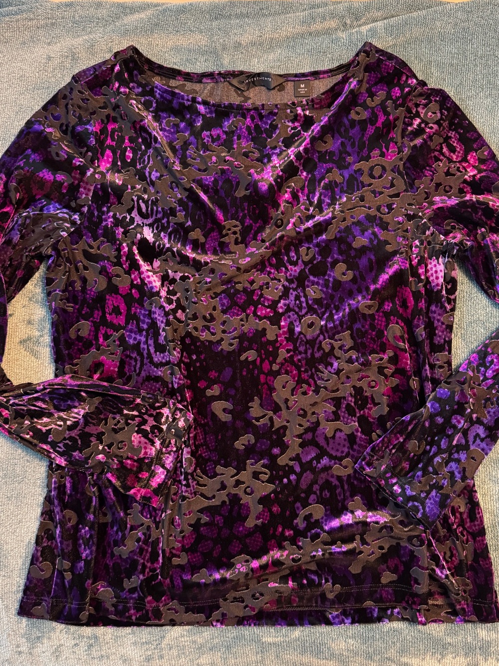Investments Purple and Black Velvet Animal-Print Long Sleeve Top